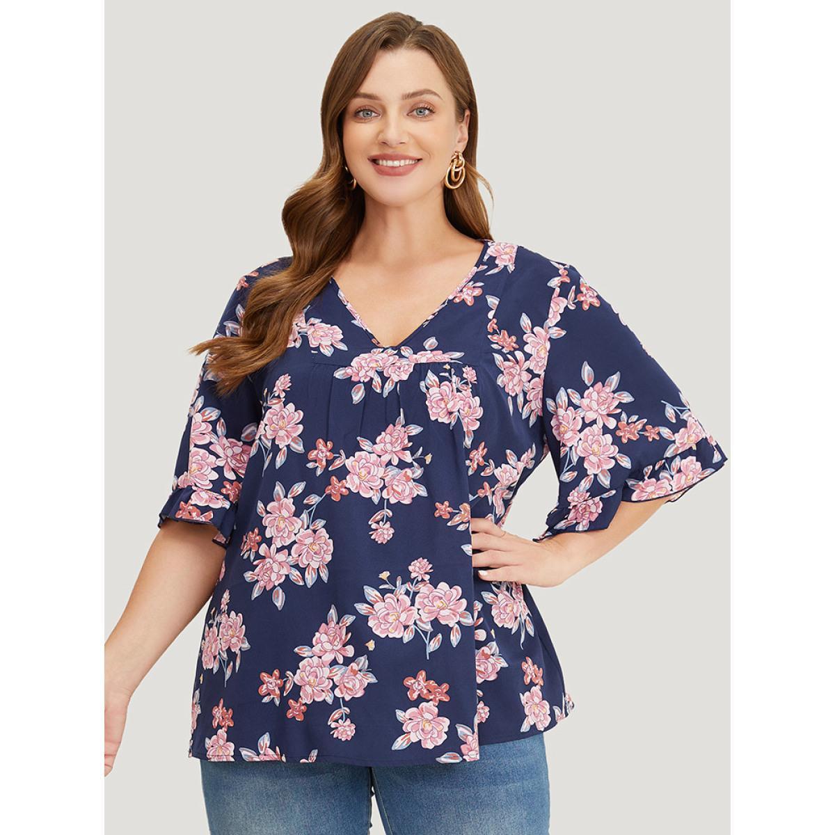 Plus Size Indigo Floral Printed Gathered Ruffle Sleeve Blouse Women Elegant Half Sleeve V-neck Dailywear Blouses BloomChic 10/M Product Image
