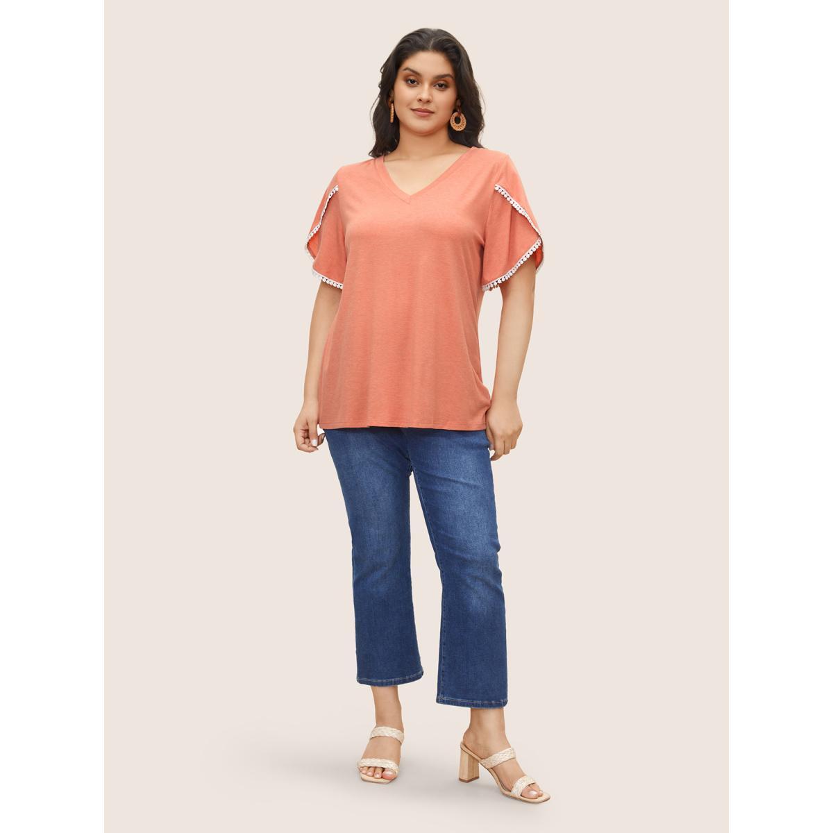 Plus Size Plain Pompom Trim Petal Sleeve T-shirt Salmon Women Elegant Woven ribbon&lace trim V-neck Everyday T-shirts BloomChic 22-24/3X Product Image