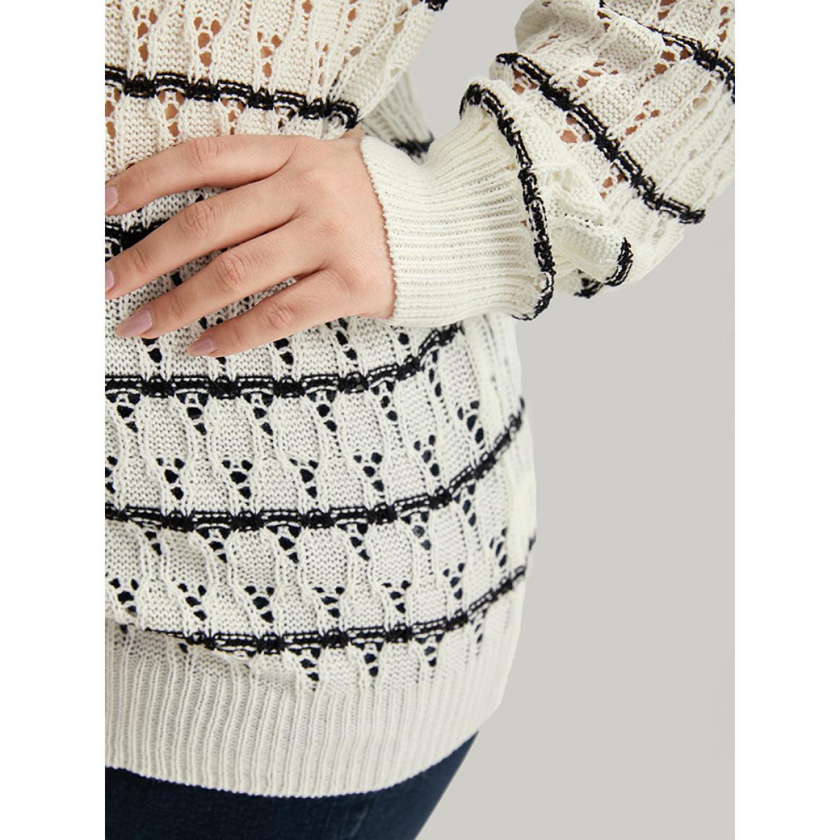 Plus Size Striped Hollow Out Lapel Collar Pullover Beige Women Casual Bodycon Long Sleeve Lapel Collar Dailywear Pullovers BloomChic 30/6X Product Image