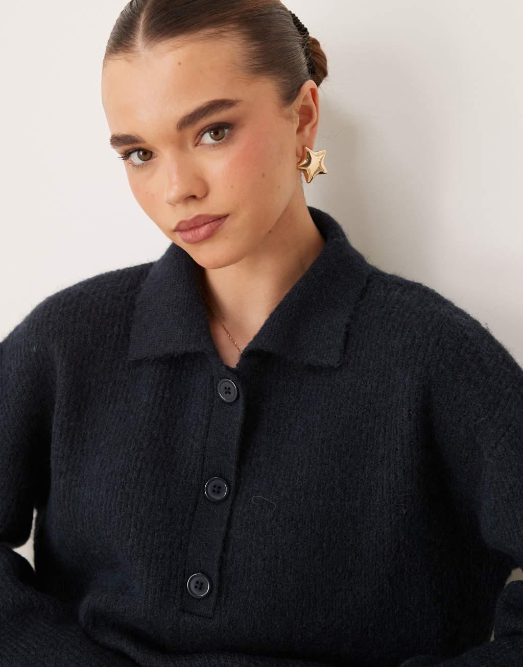 Gina Tricot knitted button polo collar long sleeve top in blue Product Image