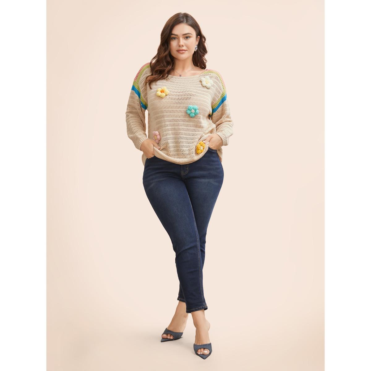 Plus Size Colored Stereo Flower Design Pullover Beige Women Casual Three Quater Length Sleeve Boat Neck Everyday Pullovers BloomChic 30/6X Product Image