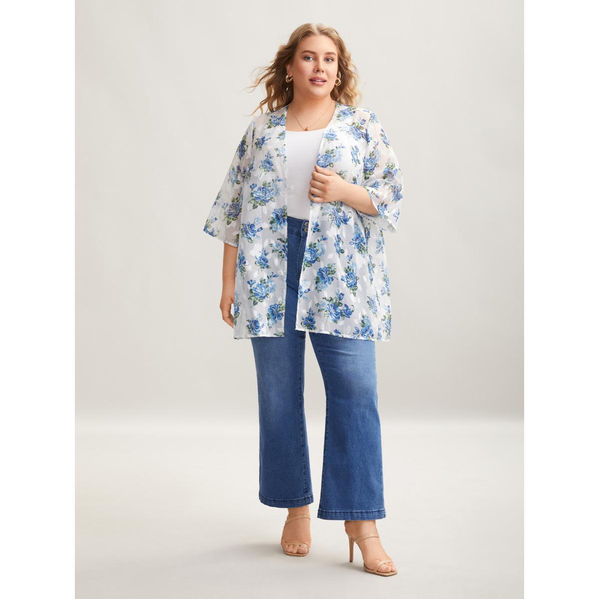Plus Size Textured Printed Puff Sleeve Kimono Cardigan Women Originalwhite Elegant Texture Loose Everyday Kimonos BloomChic 14-16/1X Product Image