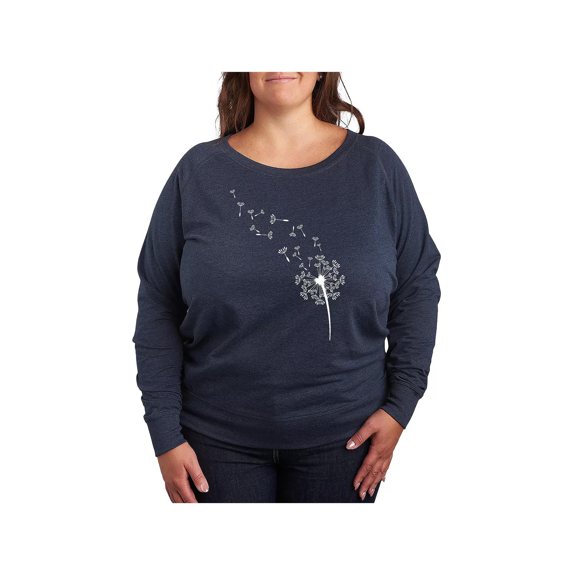 Plus Size Dandelion Seeds French Terry Long Sleeve Tee, Womens Grey Blue Product Image