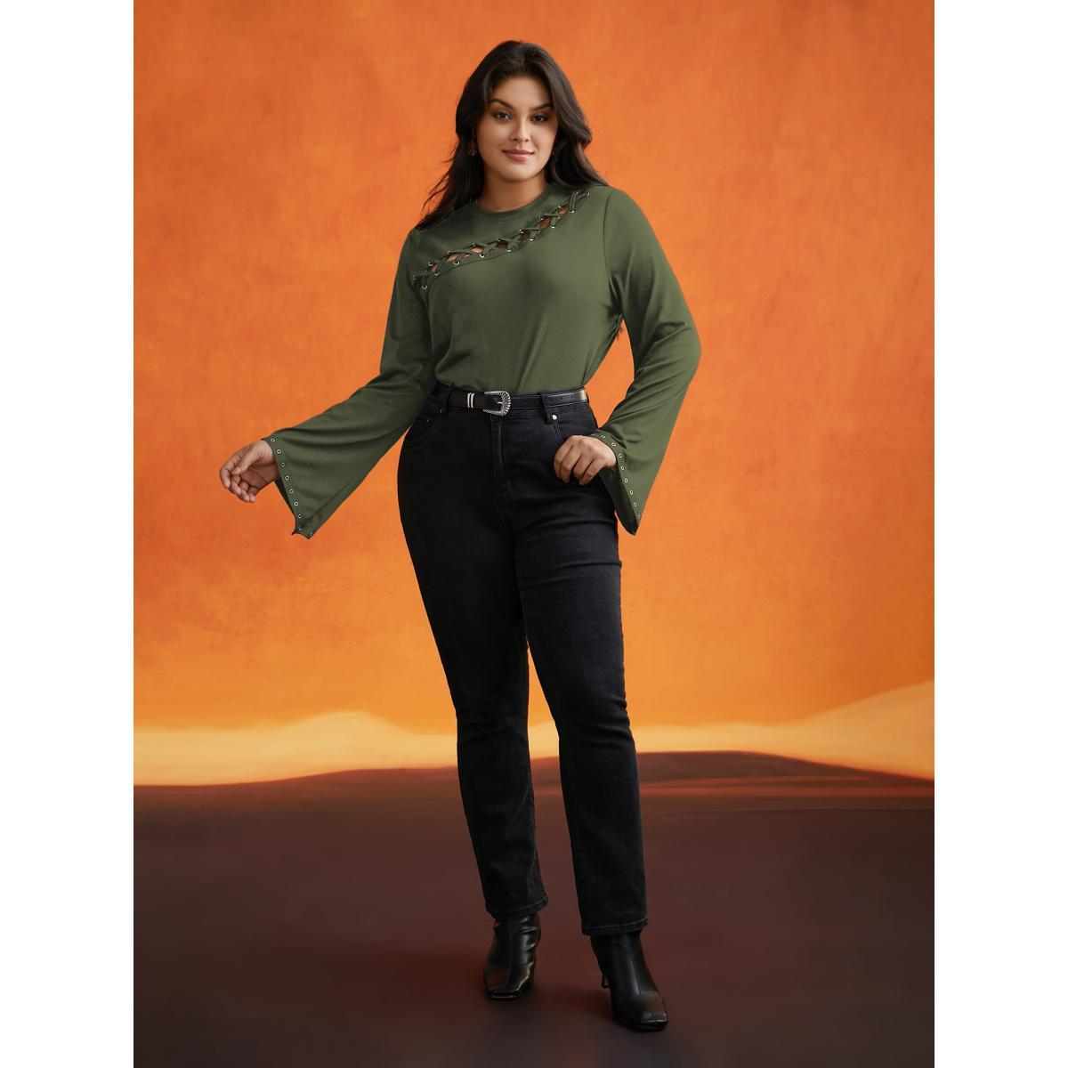 Plus Size Peek-A-Boo Cut-Out Neckline T-shirt ArmyGreen Women Elegant Eyelet Round Neck Everyday T-shirts BloomChic 22-24/3X Product Image