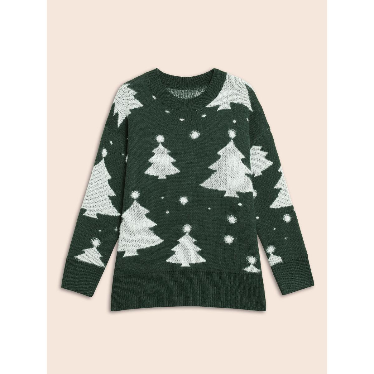Plus Size Festive Trees Ribbed Detailing Pullover DarkGreen Women Casual Loose Long Sleeve Round Neck Everyday Pullovers BloomChic 30/6X Product Image