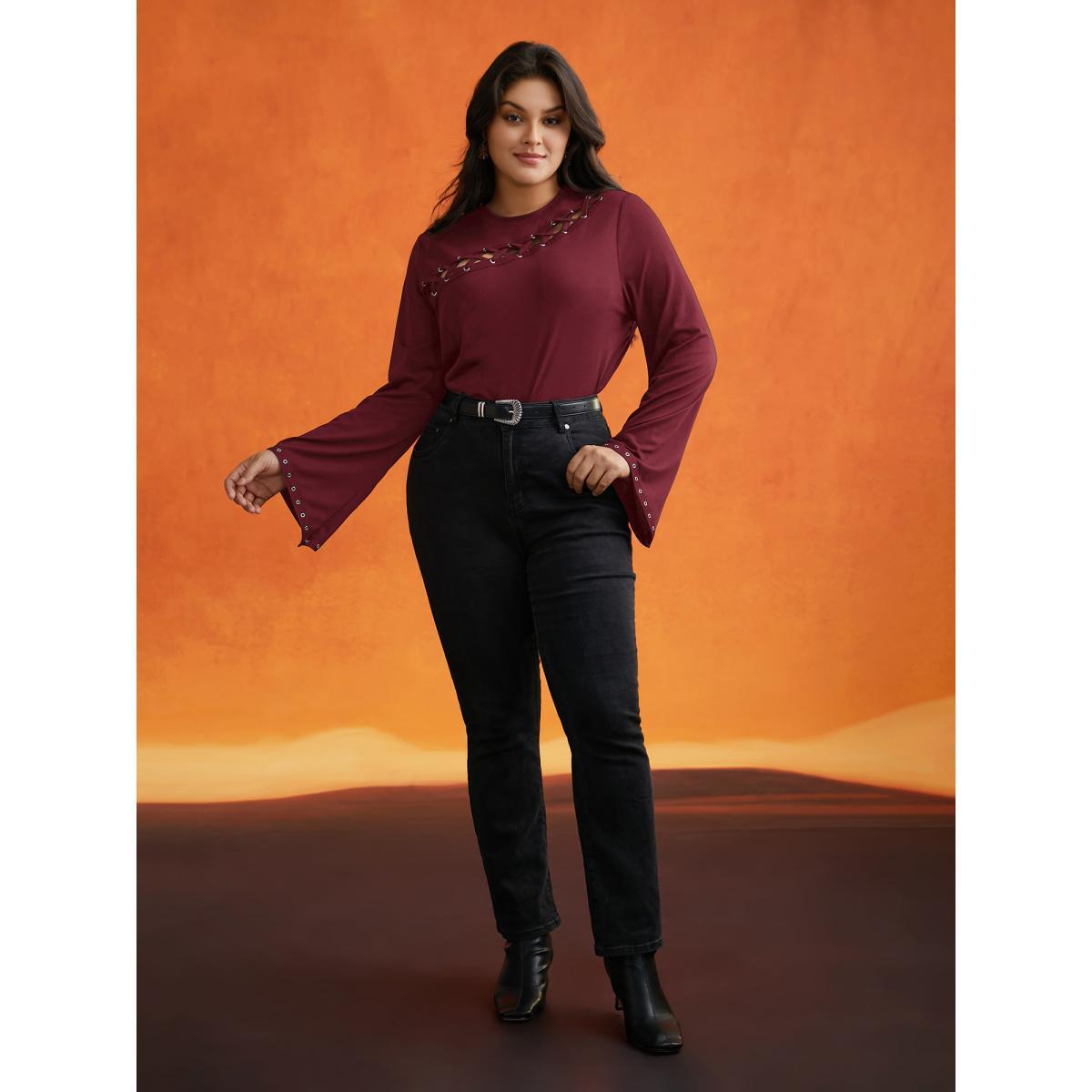 Plus Size Peek-A-Boo Cut-Out Neckline T-shirt Burgundy Women Elegant Eyelet Round Neck Everyday T-shirts BloomChic 18-20/2X Product Image
