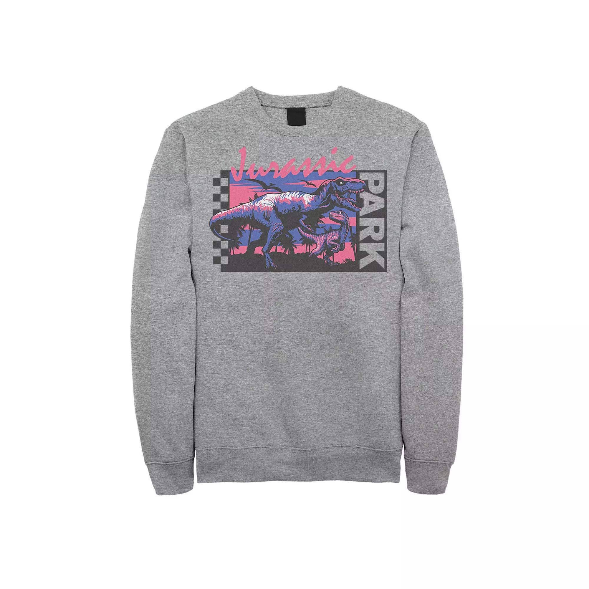 Men's Jurassic Park Checkerboard T-Rex Panel Sweatshirt, Size: Medium, Athletic Grey Product Image