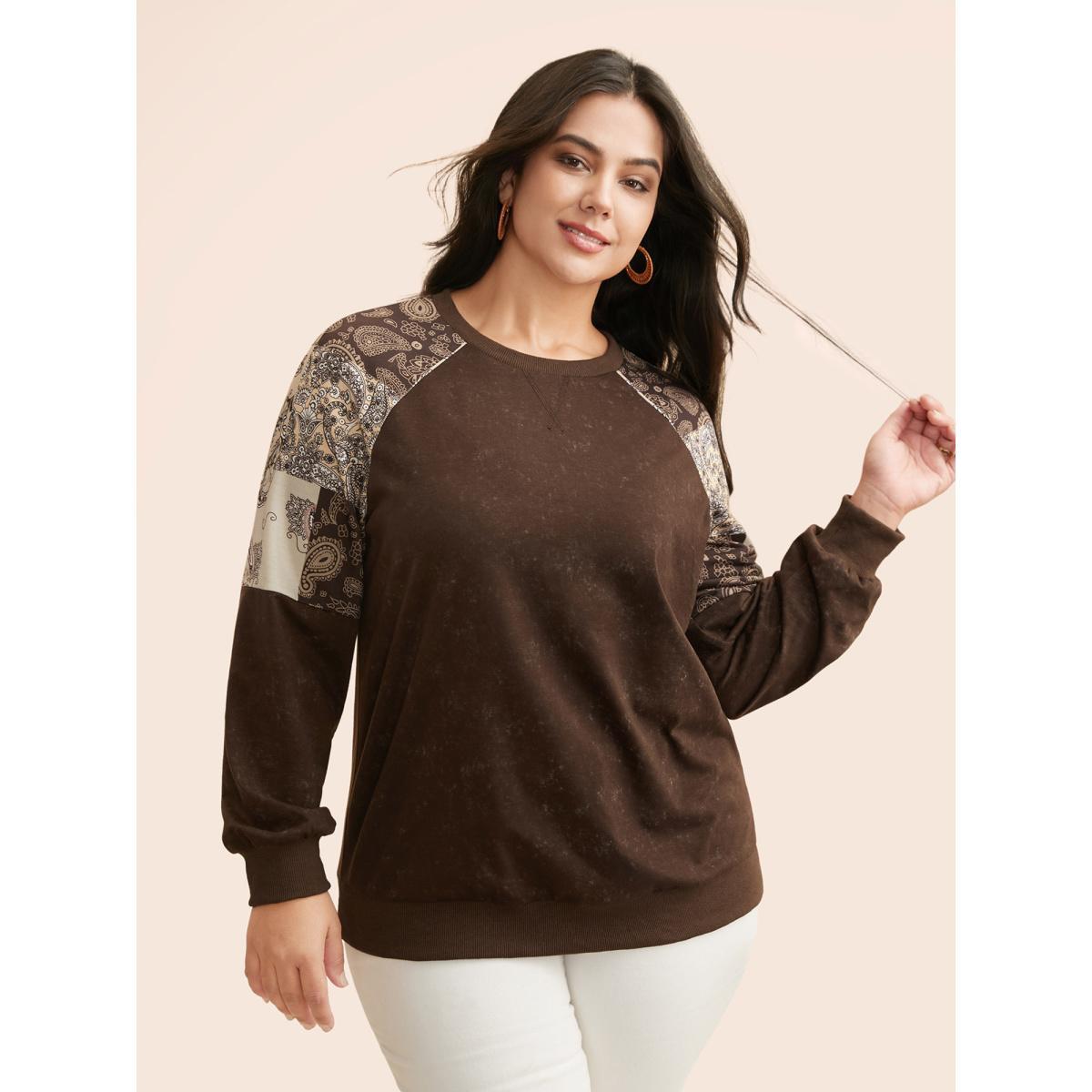 Plus Size Vintage Boho Print Patchwork Sweatshirt Women DarkBrown Casual Contrast Round Neck Everyday Sweatshirts BloomChic 26/4X Product Image