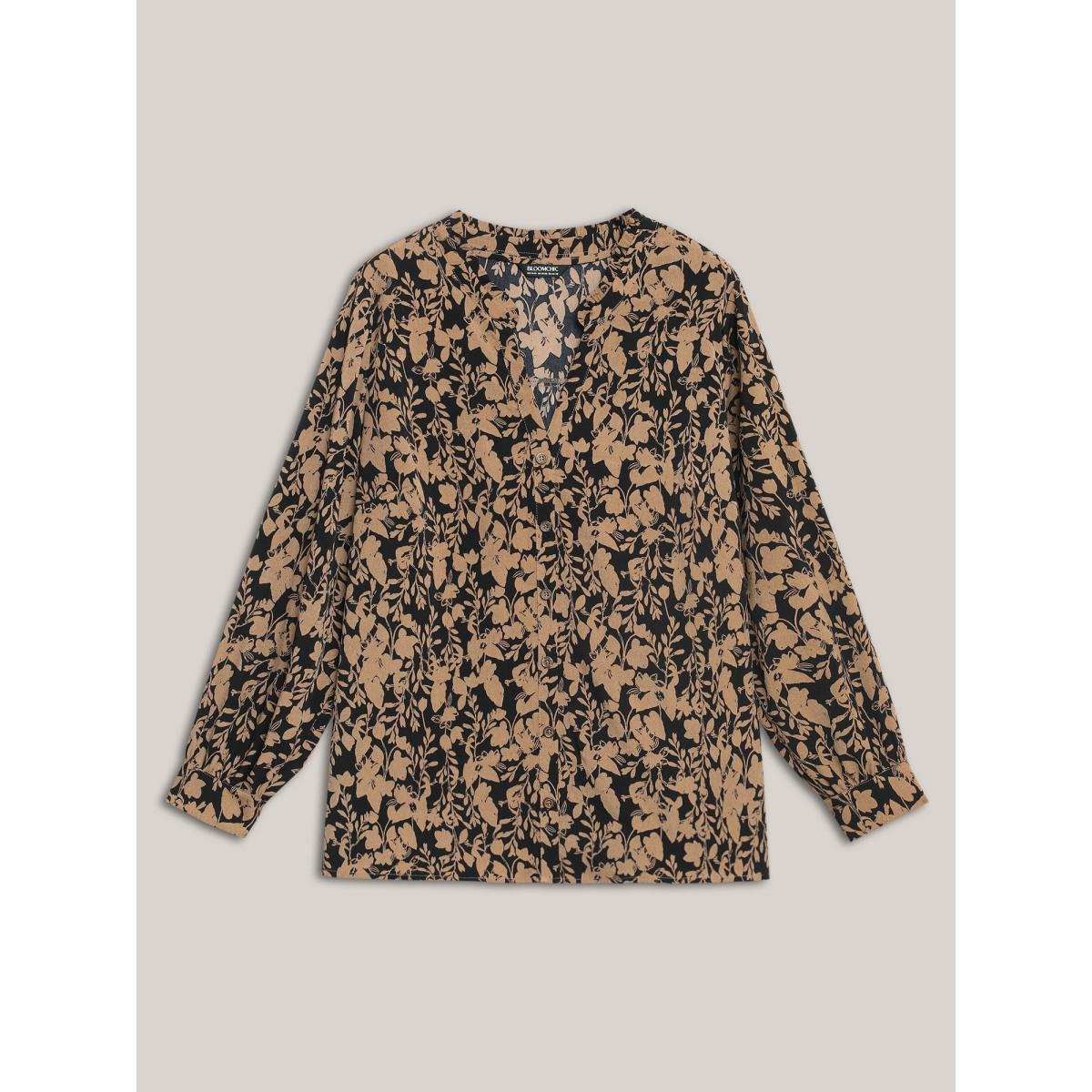 Plus Size Black Silhouette Floral Print Notched Frill Trim Blouse Women Elegant Long Sleeve Notched collar Everyday Blouses BloomChic 22-24/3X Product Image