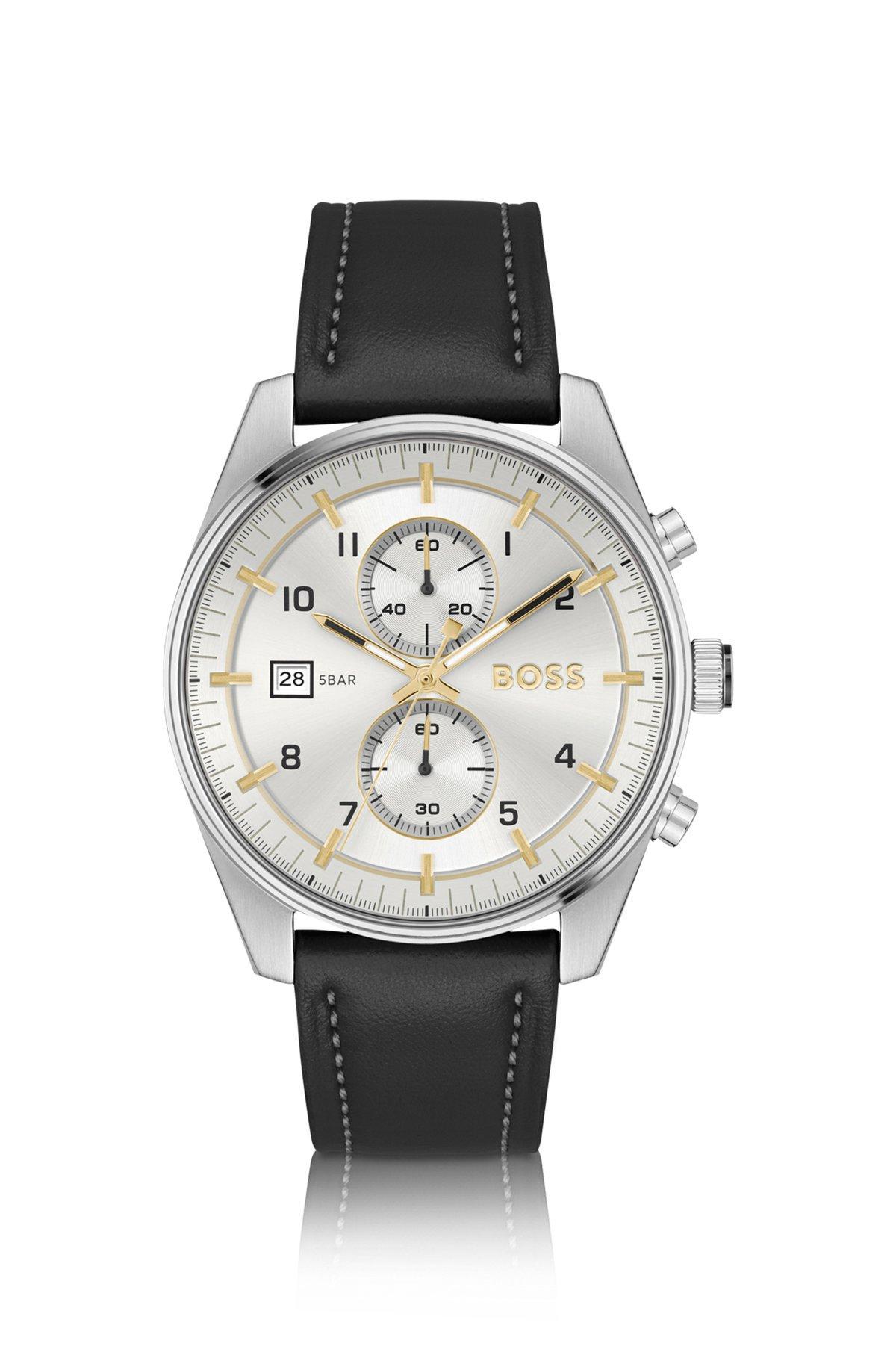 Pilot-inspired chronograph watch with black leather strap Product Image
