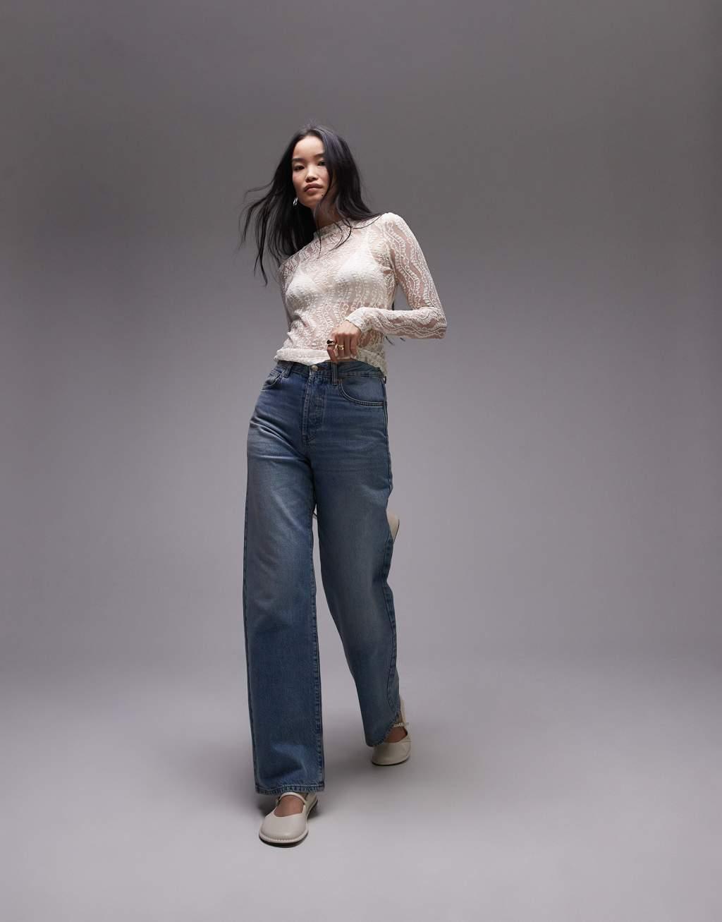 Topshop wave lace high neck top in ivory Product Image