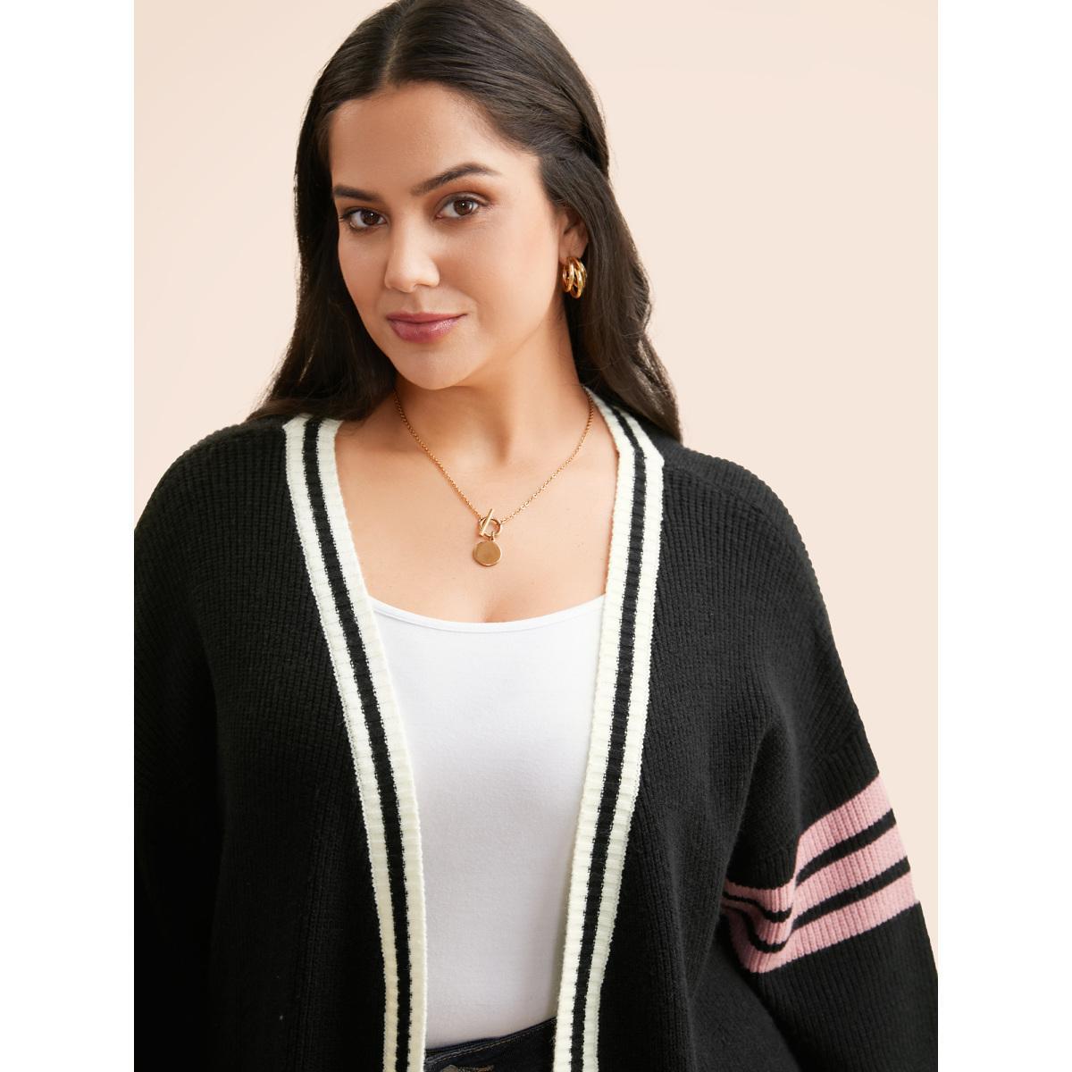 Plus Size Contrast Striped Drop Shoulder Cardigan Black Women Casual Loose Long Sleeve Everyday Cardigans BloomChic 26/4X Product Image