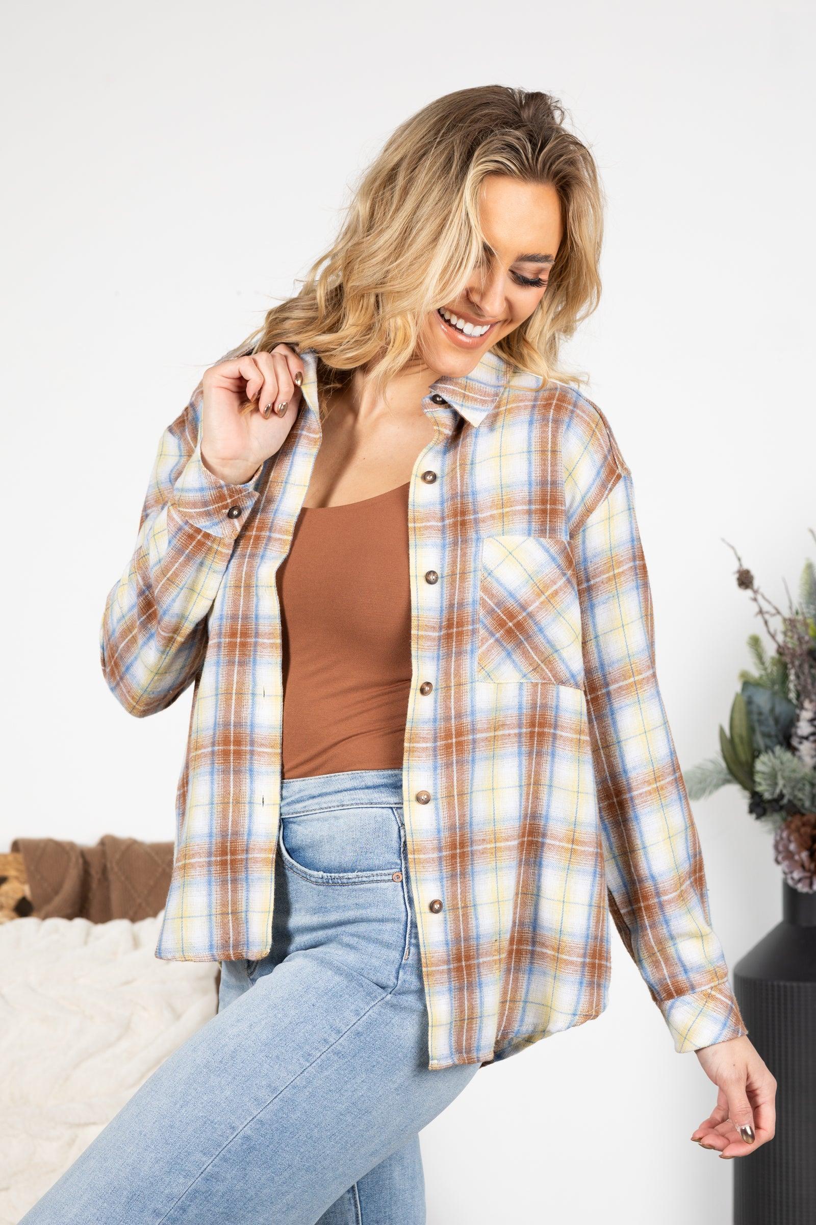Camel And Blue Plaid Button Up Woven Top Product Image