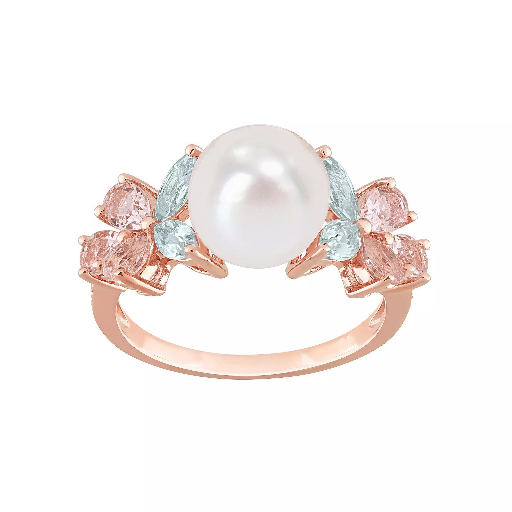 Stella Grace 18K Rose Plated Sterling Silver Multi-Gemstones & Freshwater Cultured Pearl Cocktail Ring, Women's, Size: 10, Pink Tone Product Image