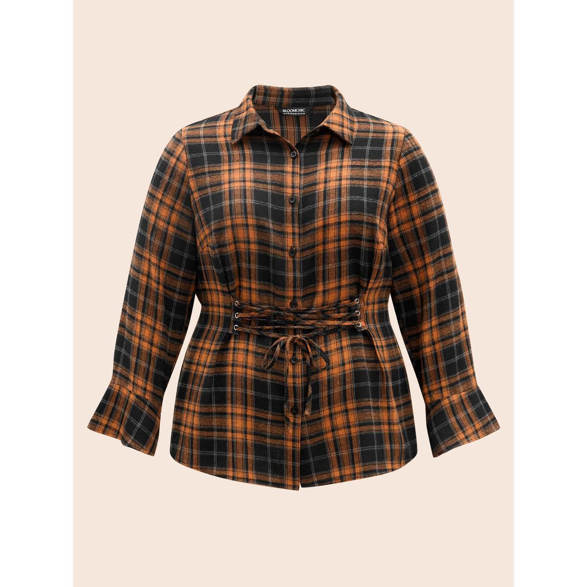 Plus Size OrangeRed Corset Plaid Waist-Cinching Blouse Women Elegant Long Sleeve Shirt collar Everyday Blouses BloomChic 30/6X Product Image