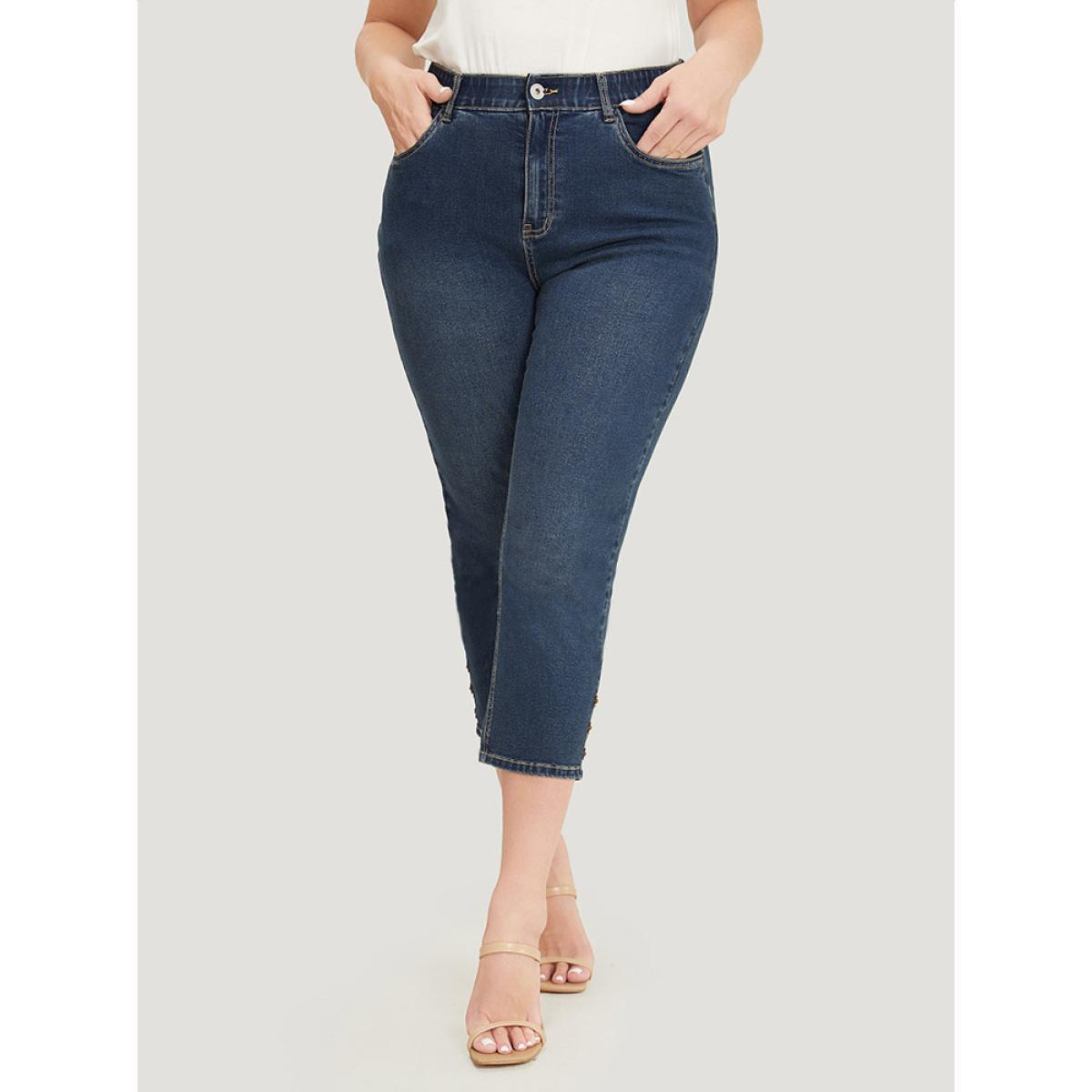 Plus Size Very Stretchy High Rise Dark Wash Beaded Detail Cropped Jeans Women Indigo Casual Plain High stretch Pocket Jeans BloomChic 28/5X Product Image