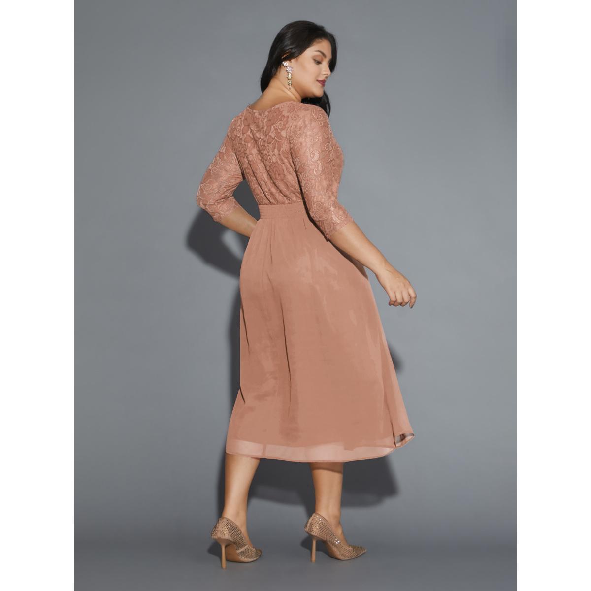 Plus Size Lace Patchwork Shirred Midi Pocket Dress Apricot Women Cocktail Woven ribbon&lace trim Round Neck Elbow-length sleeve Curvy BloomChic 28/5X Product Image