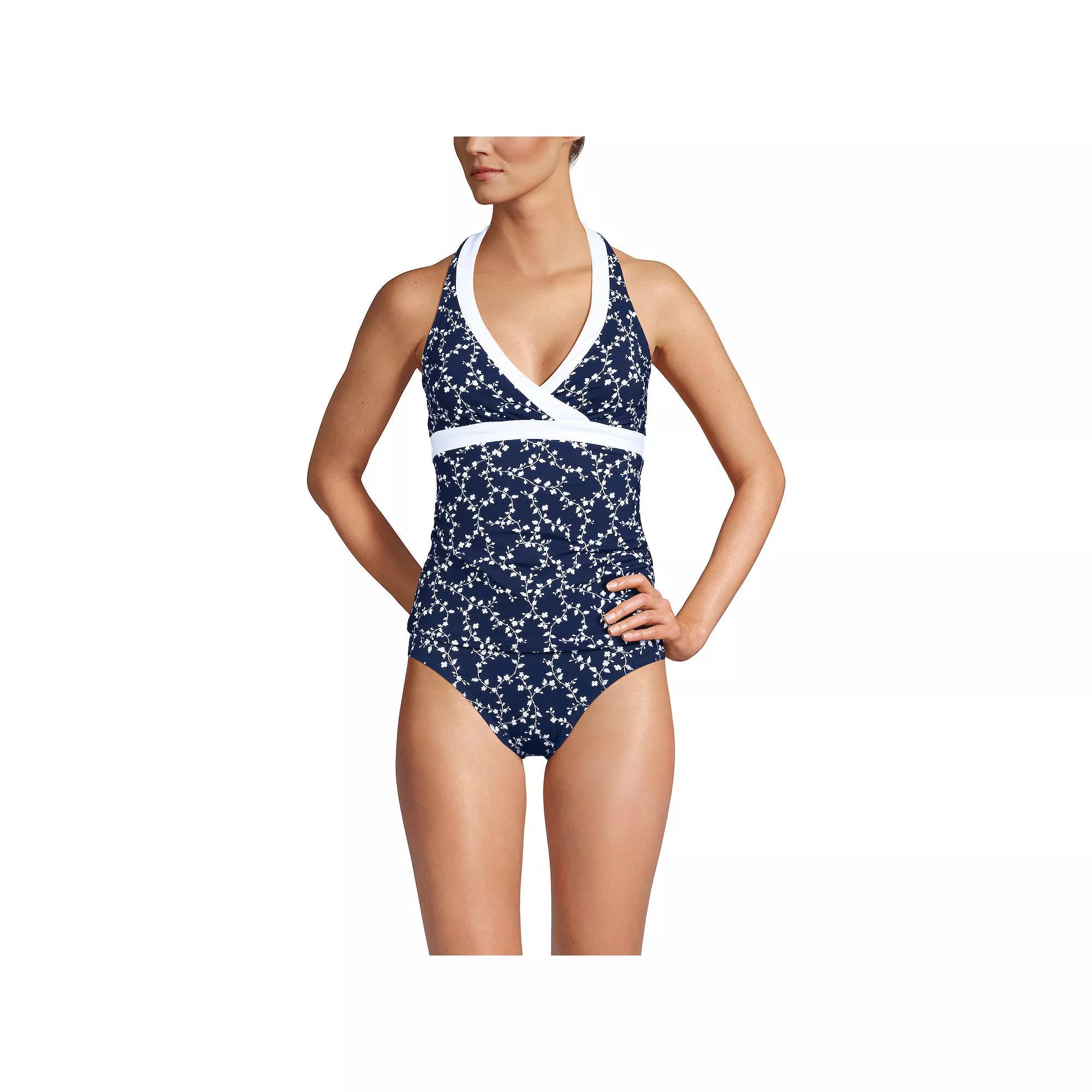 Women's Lands' End V-Neck Halter Tankini Top, Size: Medium, Black White Product Image