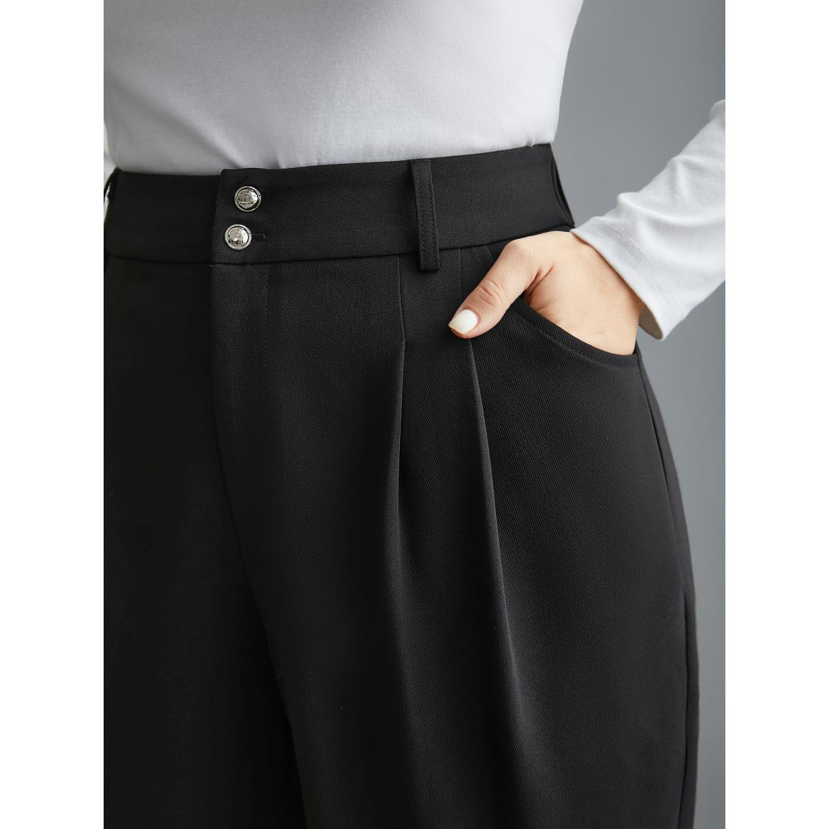 Plus Size Double Buckle Straight Leg Pants Women Black At the Office Straight Leg Mid Rise Work Pants BloomChic 14-16/1X Product Image