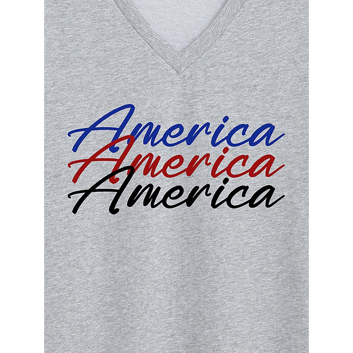 Plus Size American Print V-Neck T-Shirt Mediumgray Women Non Country V-neck Everyday-Casual T-shirts BloomChic 10/M Product Image