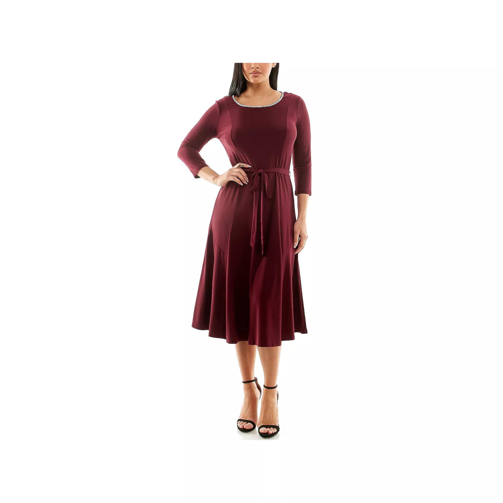 Women's Nina Leonard Sylvia Rhinestone Trim Dress, Size: Large, Deep Red Product Image
