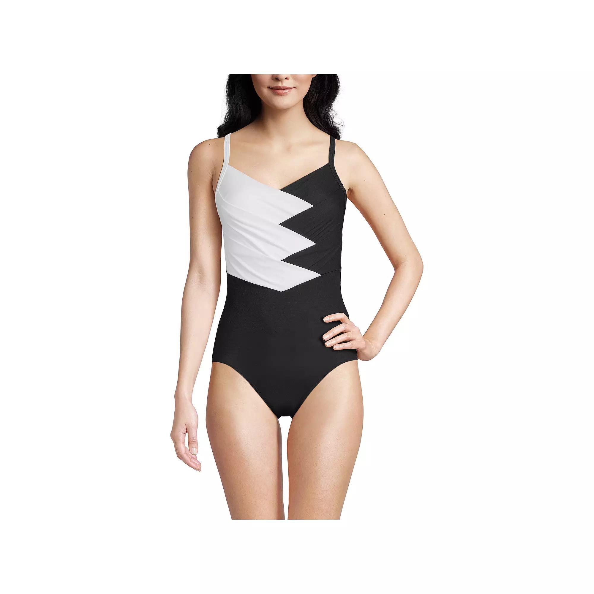 Petite Lands' End Pleated Low Leg One Piece Swimsuit, Women's, Size: 6 Petite, Black White Product Image