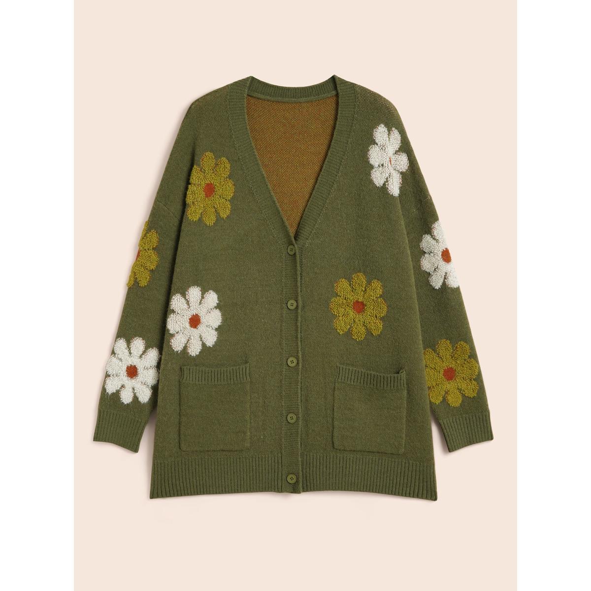 Plus Size Floral Texture Slit Hem Patch Pocket Cardigan ArmyGreen Women Casual Loose Long Sleeve Everyday Cardigans BloomChic 26/4X Product Image