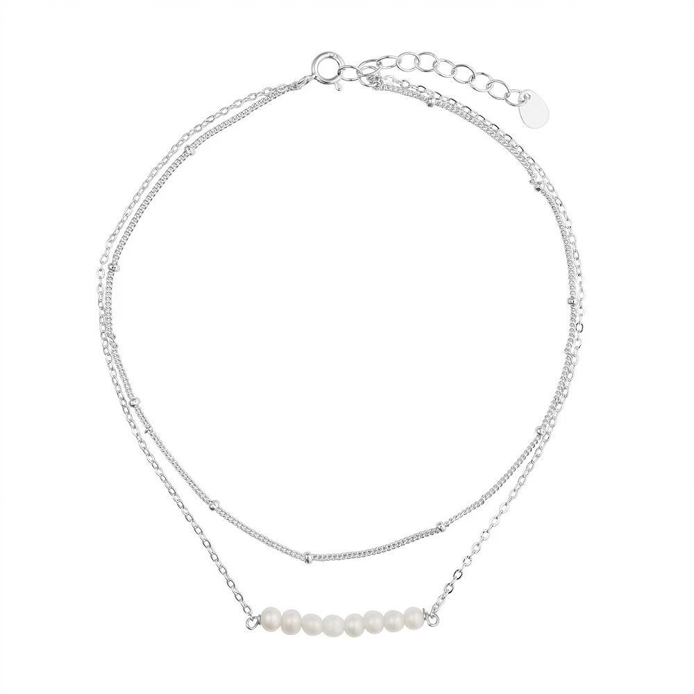 Main and Sterling Sterling Silver Bar Chain Simulated Pearl Anklet, Women's, Size: 9-10" ADJ, Silver Tone Product Image