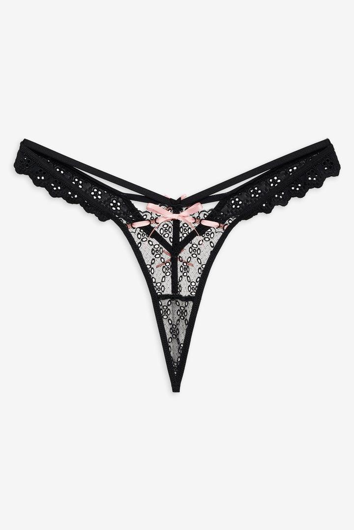 Elena Eyelet Thong Panty — Black Product Image