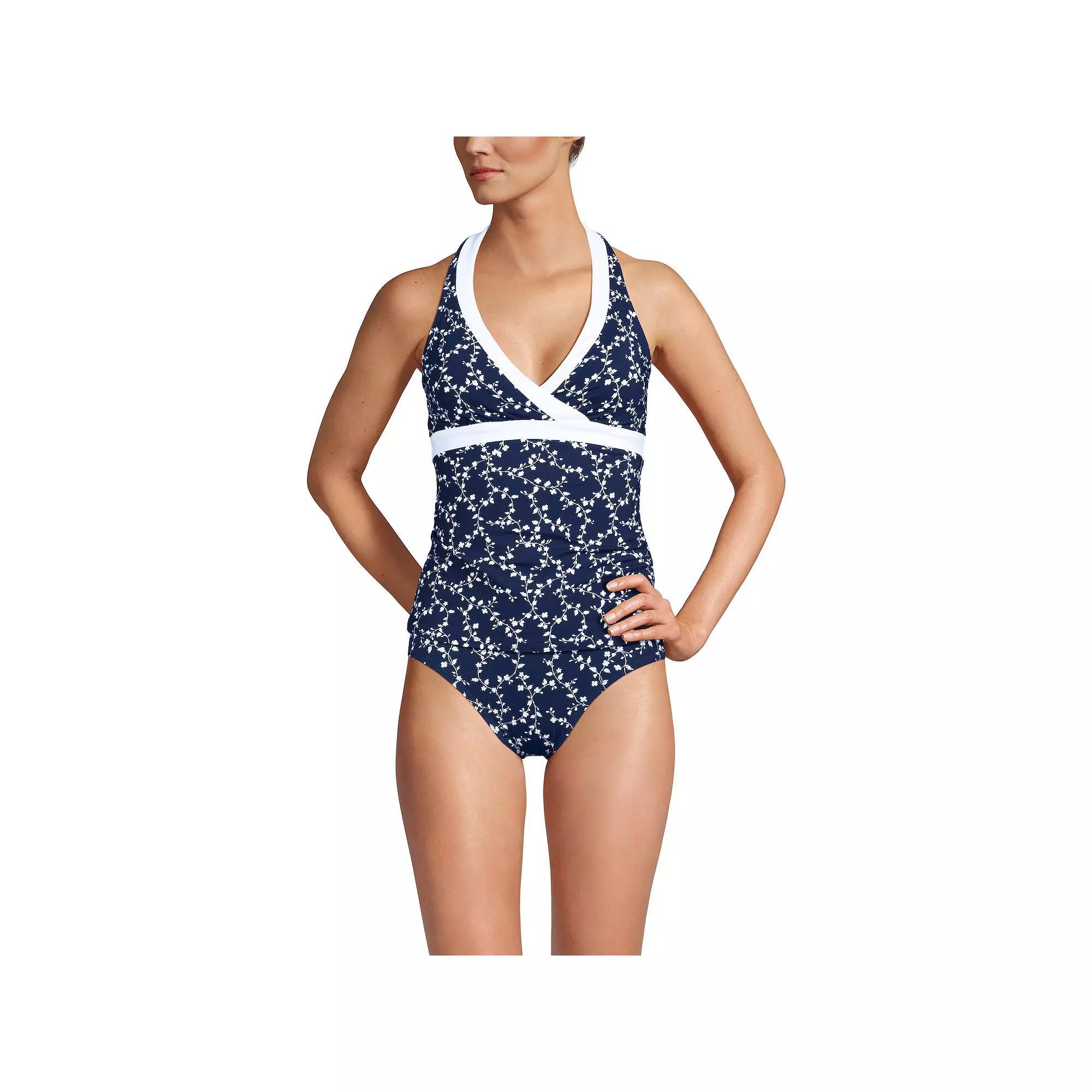 Women's Lands' End V-Neck Halter Tankini Top, Size: Medium, Black White Product Image