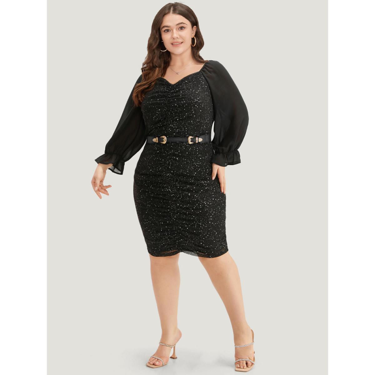 Plus Size Glitte Chiffon Square Neck Ruched Dress Black Women Party Gathered Square Neck Long Sleeve Curvy Knee Dress BloomChic 22-24/3X Product Image