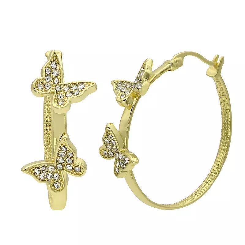 City Luxe Gold Tone Crystal Butterfly Hoop Earrings, Women's, Gold Tone Clear Product Image