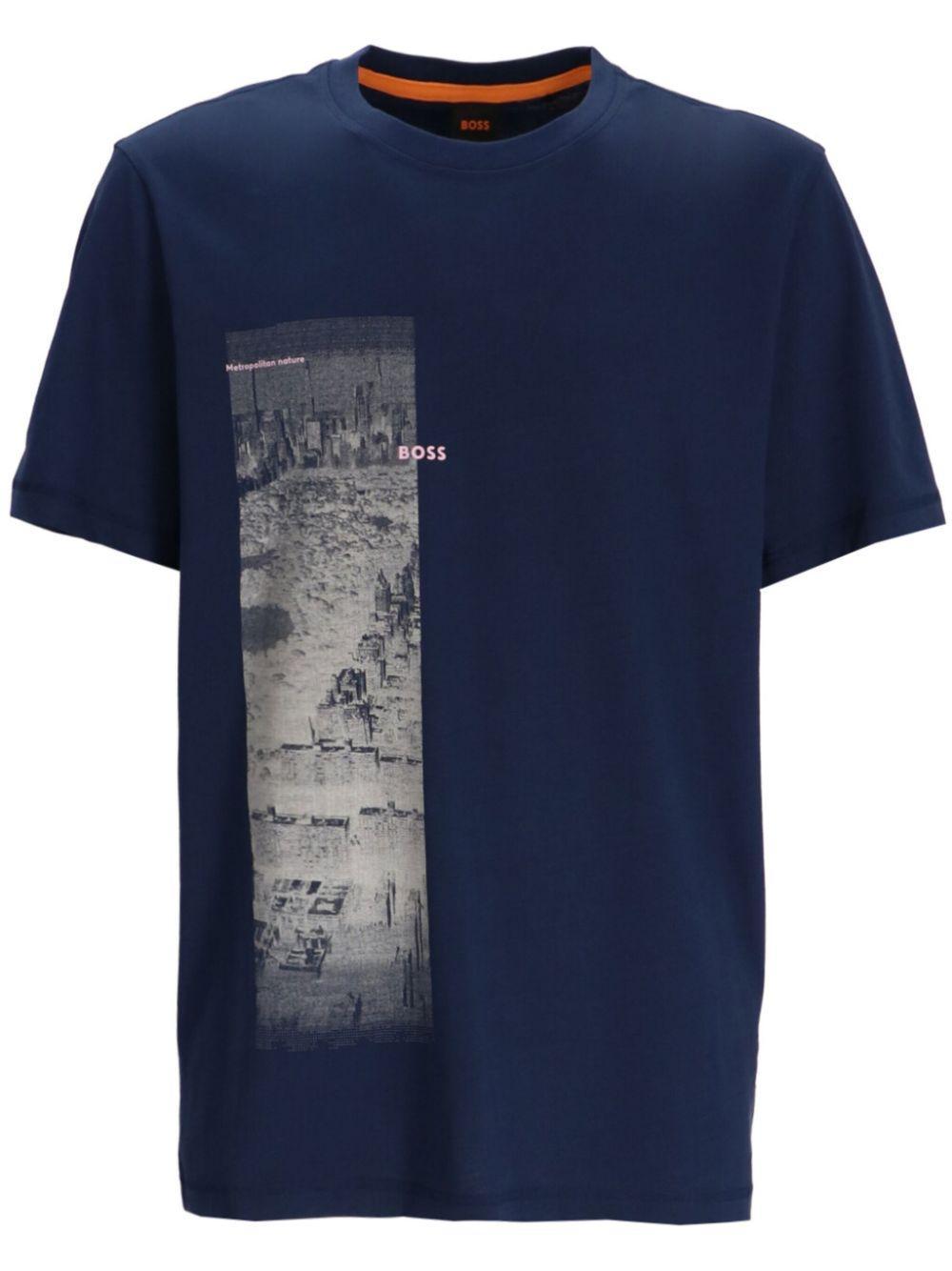 HUGO BOSS Graphic-print Cotton T-shirt In Blue Product Image