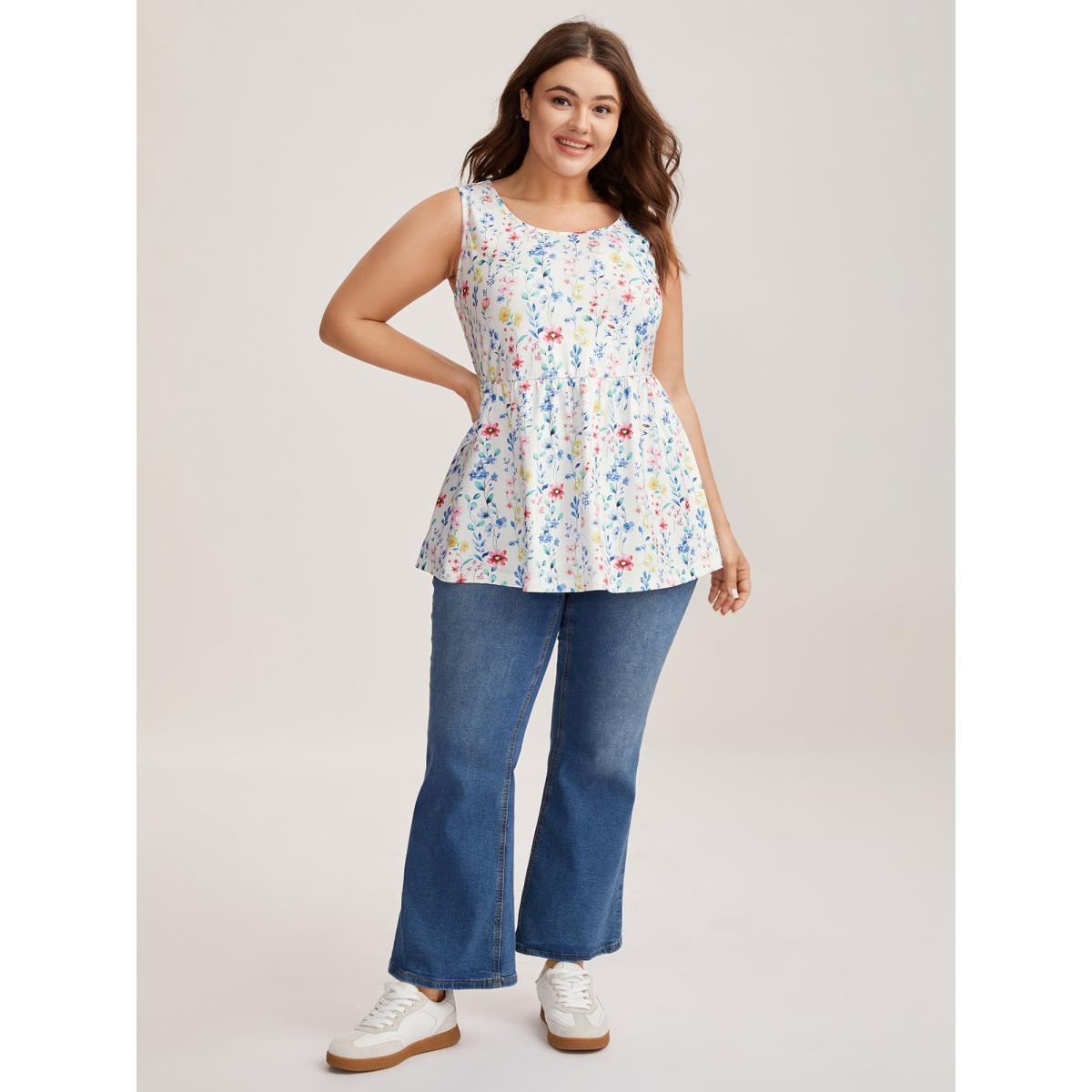 Plus Size Floral Print Stretchy Colorful Babydoll Top Women WhiteSmoke Gathered Round Neck Everyday-Casual Tank Tops Camis BloomChic 10/M Product Image