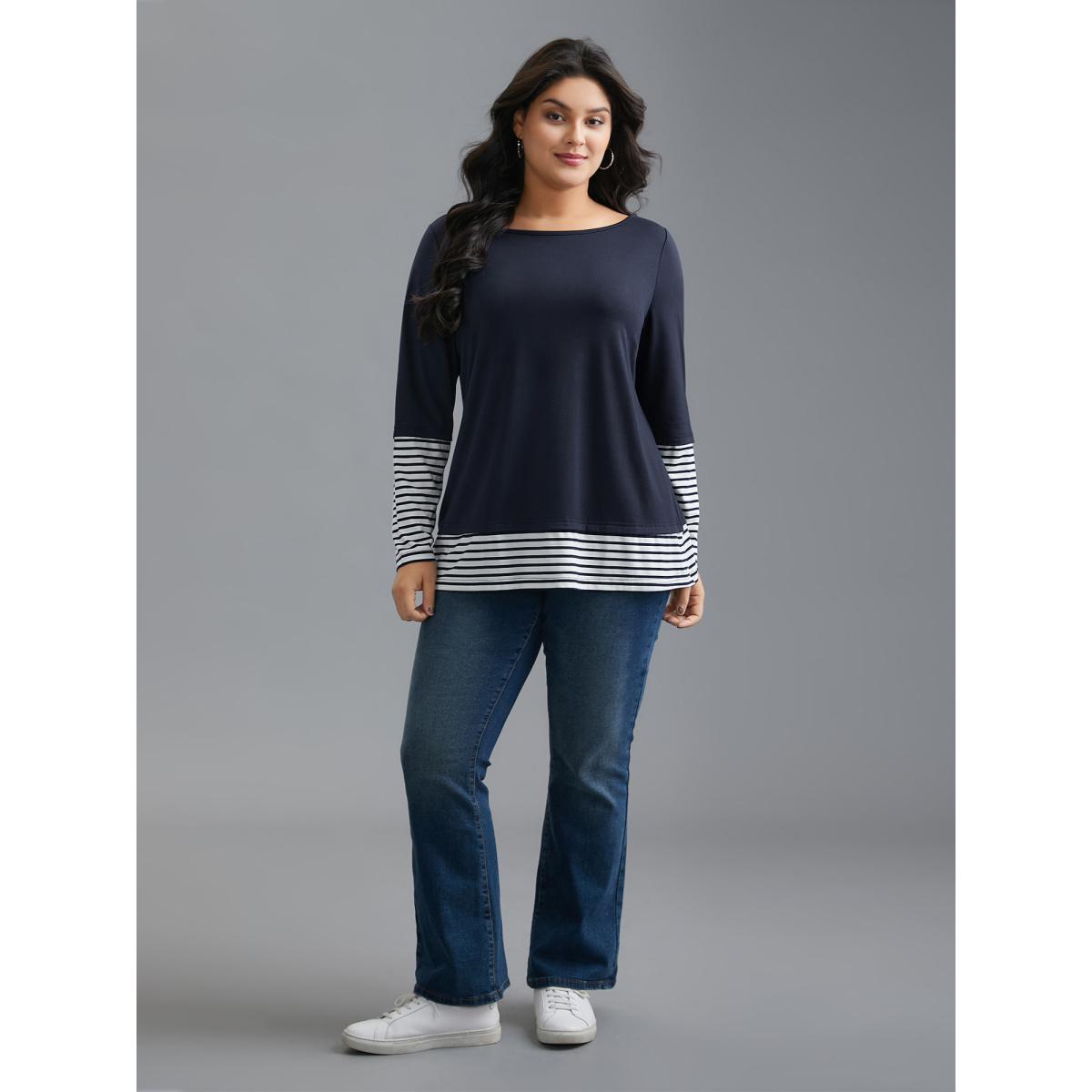 Plus Size Boat Neck Striped Patchwork T-Shirt Indigo Women Casual Contrast Boat Neck Everyday T-shirts BloomChic 26/4X Product Image