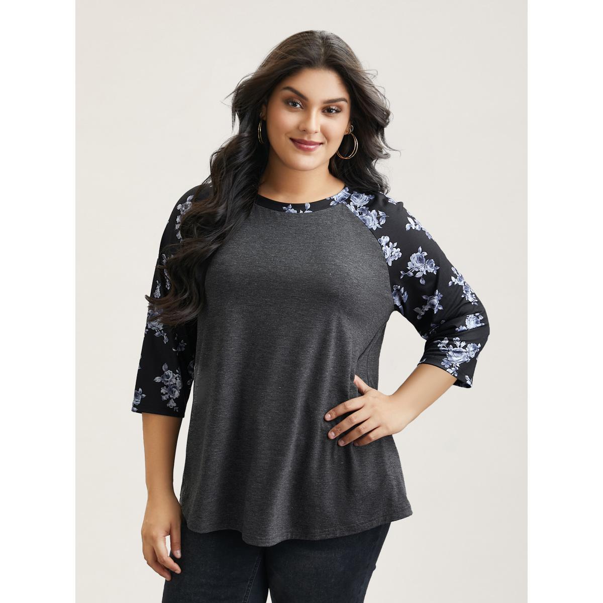 Plus Size Floral Sleeve Round Neck Flared T-Shirt DimGray Women Casual Contrast Natural Flowers Round Neck Everyday T-shirts BloomChic 22-24/3X Product Image