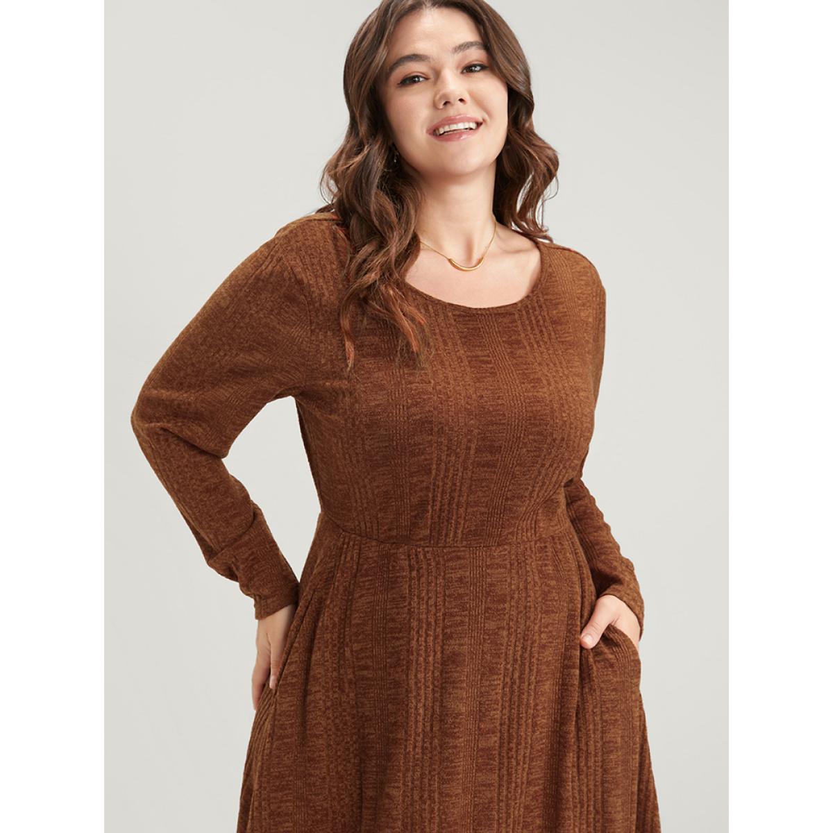 Plus Size Solid Round Neck Pocket Rib Knit Dress Without Belt Chocolate Women Elegant Elastic Waist Round Neck Long Sleeve Curvy Midi Dress BloomChic 14-16/1X Product Image
