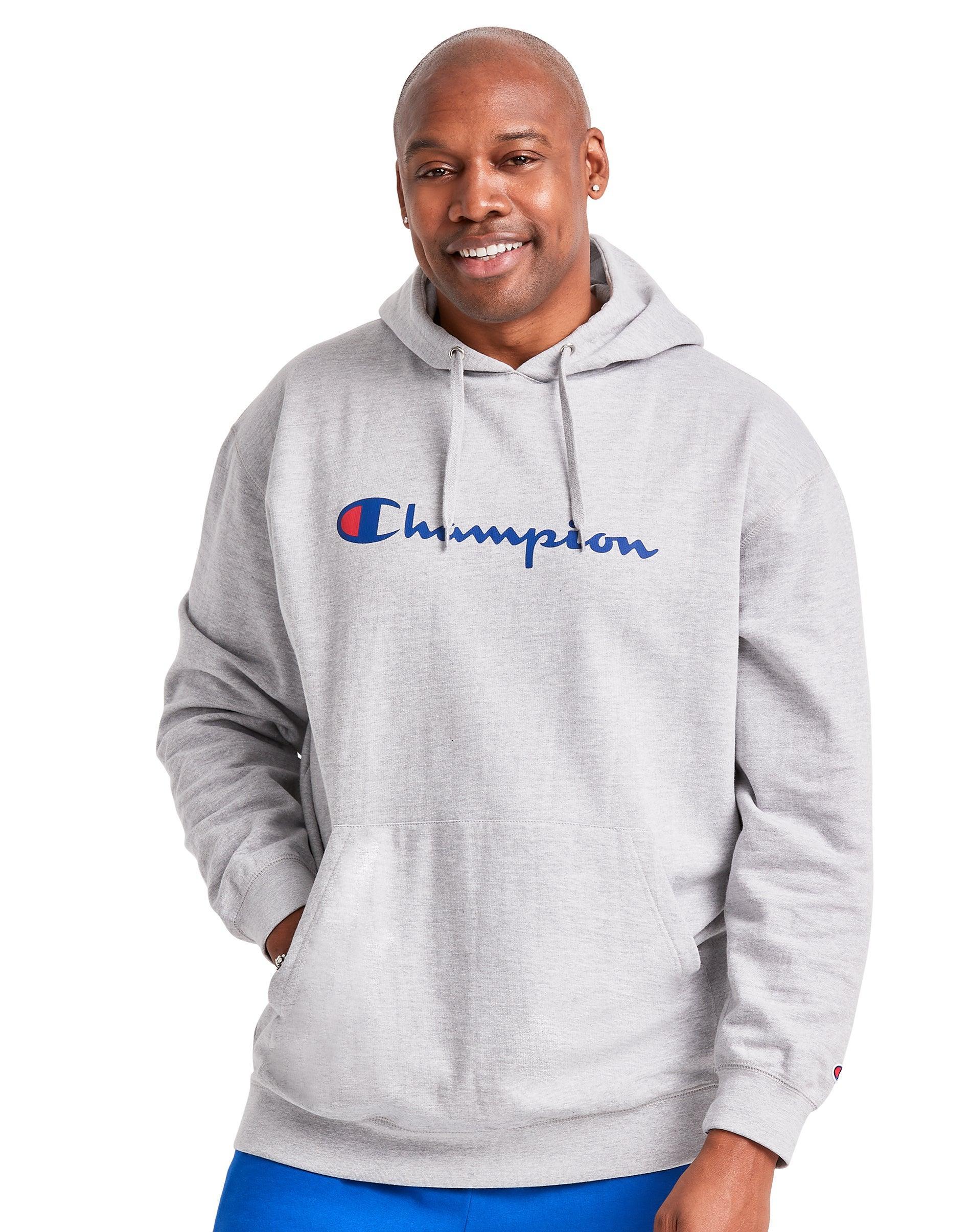 Mens Champion Powerblend Hoodie, Script Logo (Big & Tall) Oxford Grey 3XT Product Image