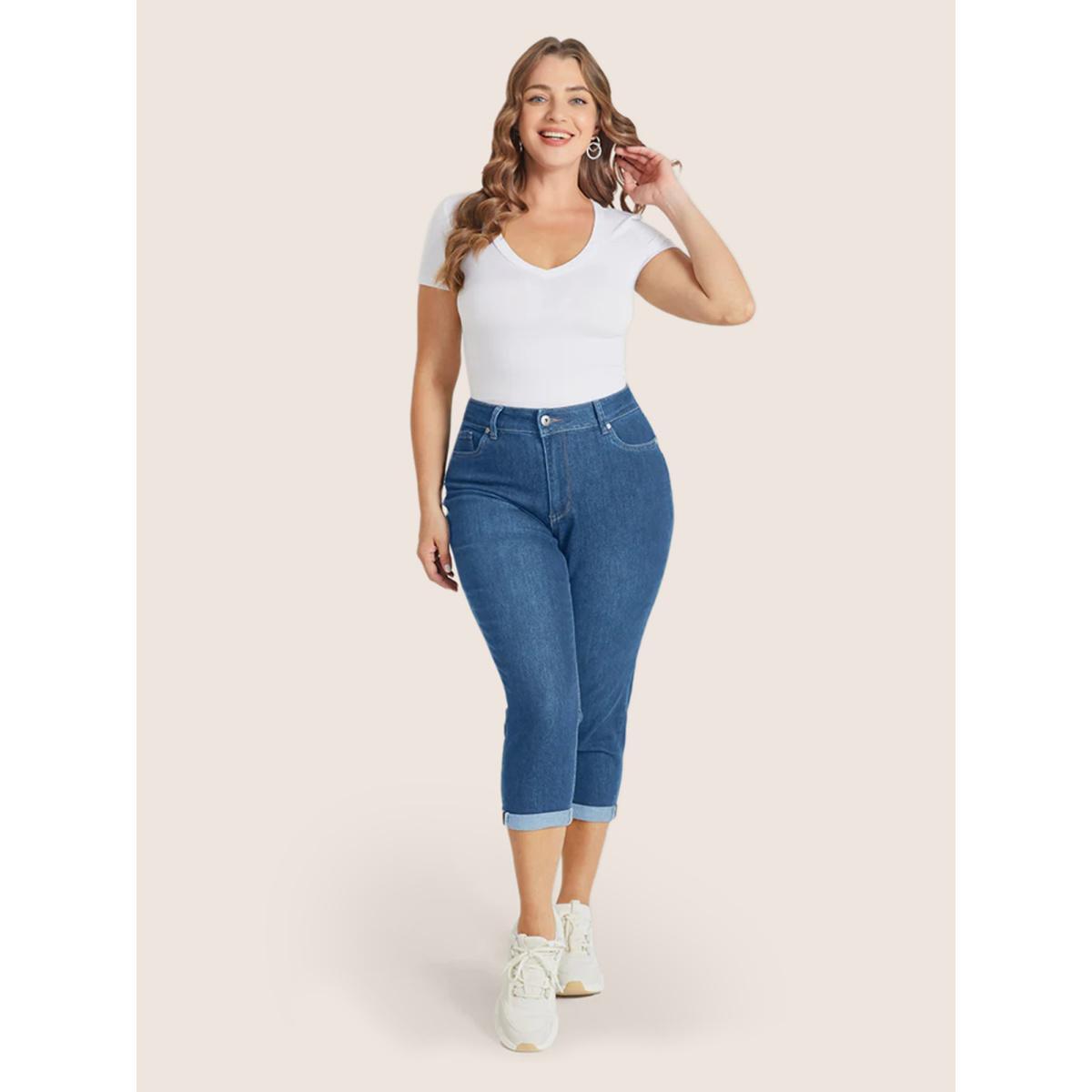 Plus Size Very Stretchy High Rise Dark Wash Cropped Jeans Women Blue Casual Plain High stretch Slanted pocket Jeans BloomChic 14/1X Product Image