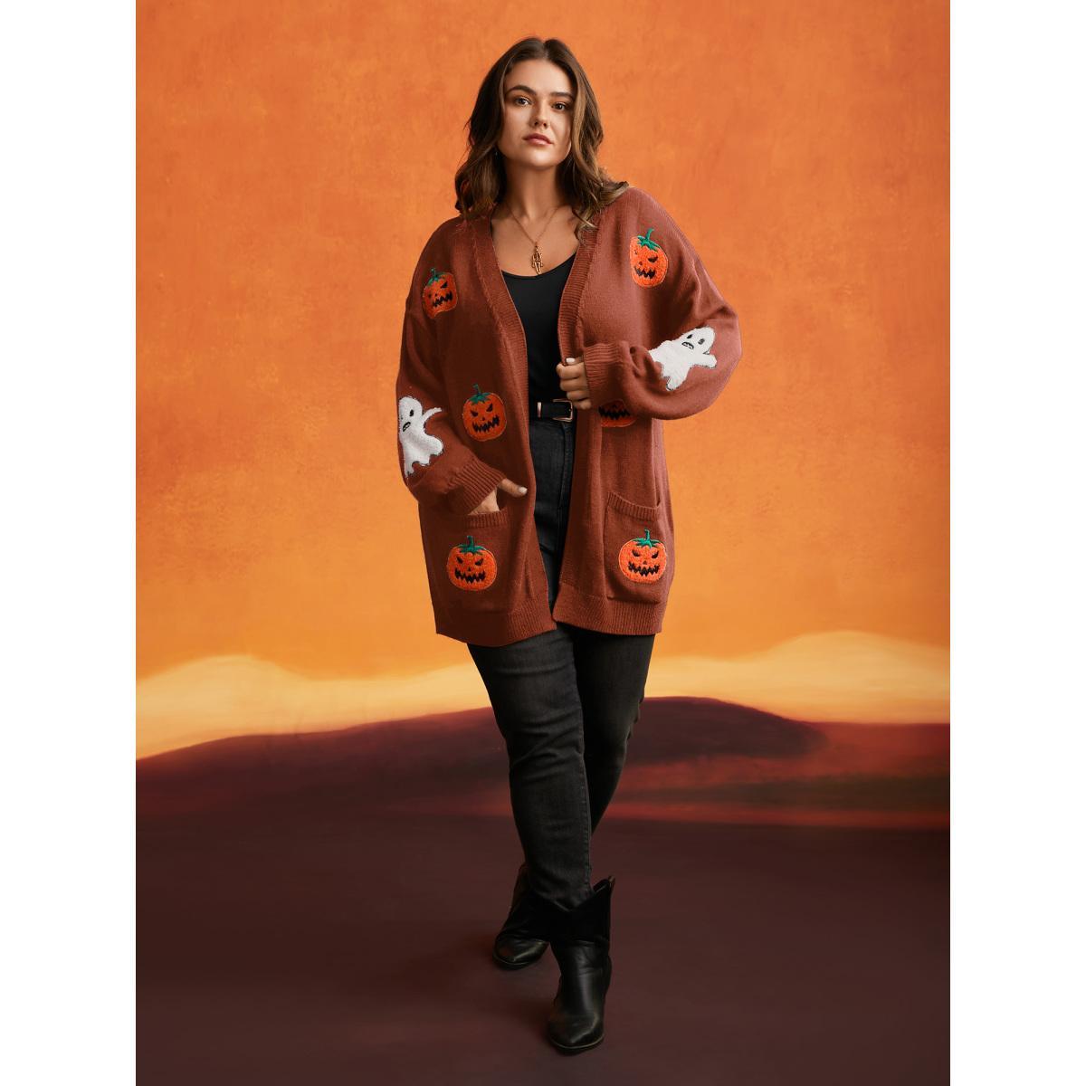 Plus Size Pumpkin Ghost Embroidery Open Cardigan ArmyGreen Women Casual Loose Long Sleeve Everyday Cardigans BloomChic 14-16/1X Product Image