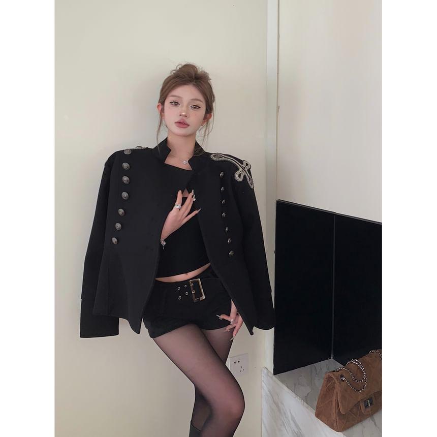 Lapel Collared Plain Embroidered Buttoned Coat Product Image