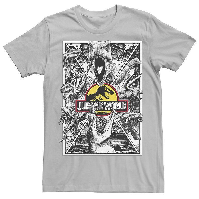 Mens Jurassic Park Collage Poster Tee Red Grey Product Image