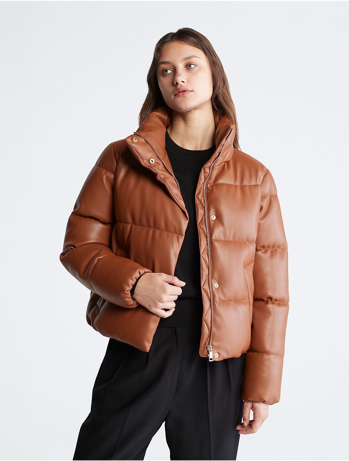 Calvin Klein Womens Faux Leather Puffer Jacket - Black - XXL Product Image