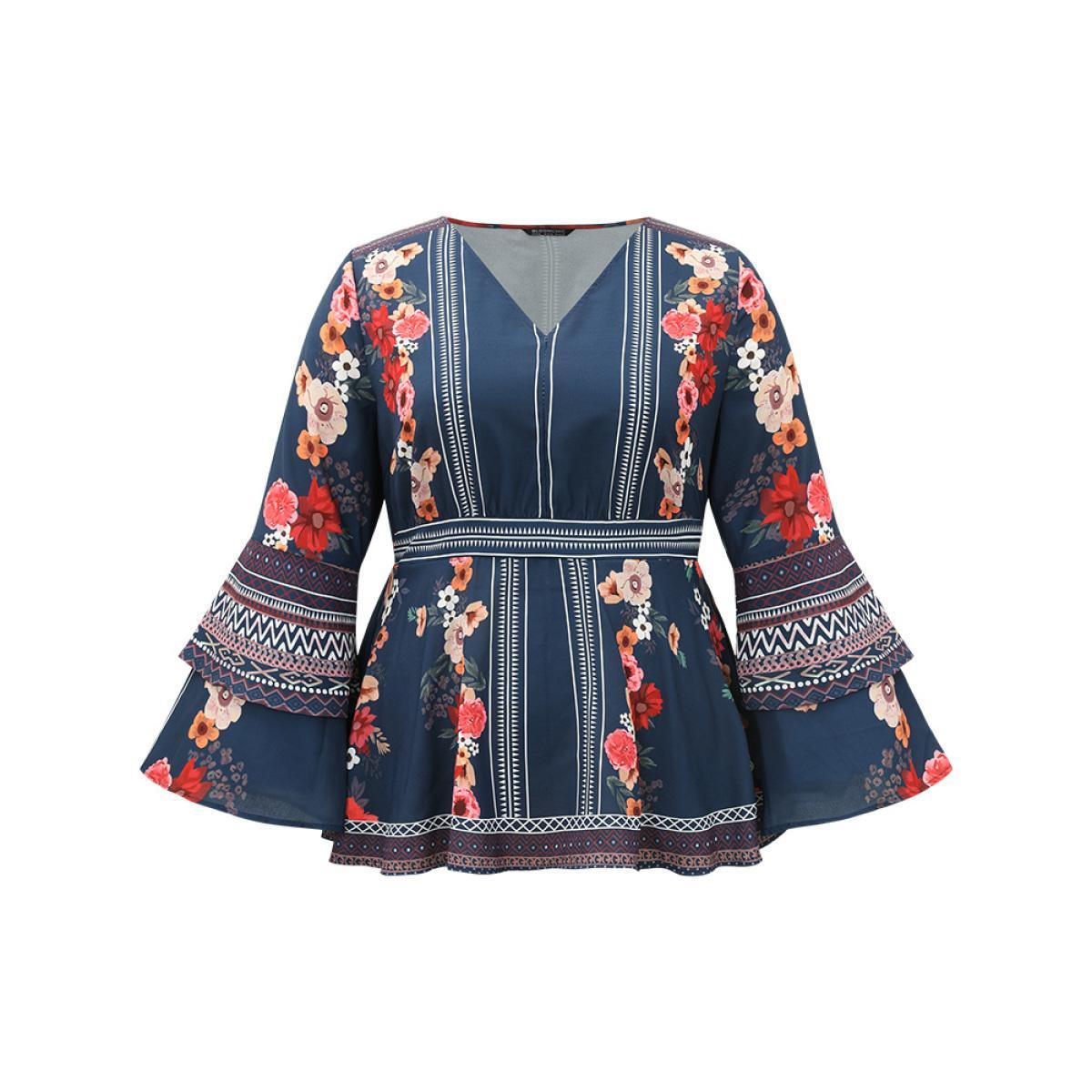 Plus Size Stone Boho Print V Neck Elastic Waist Bell Sleeve Blouse Women Vacation Long Sleeve V-neck Vacation Blouses BloomChic 18-20/2X Product Image