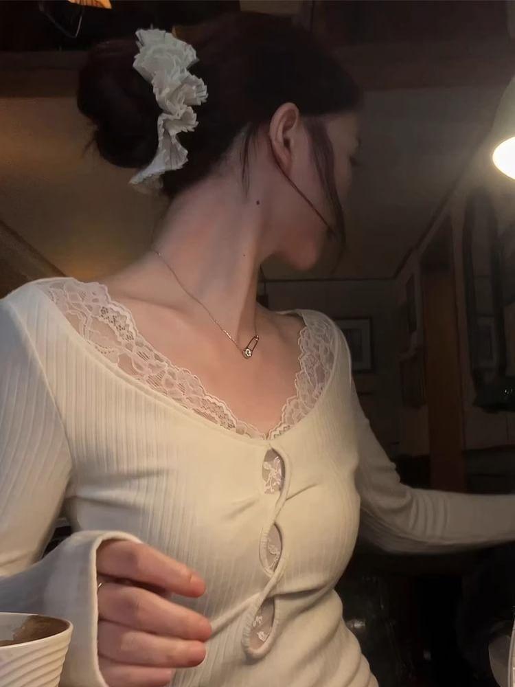Long Sleeve V-Neck Plain Cutout Panel Lace Top Product Image