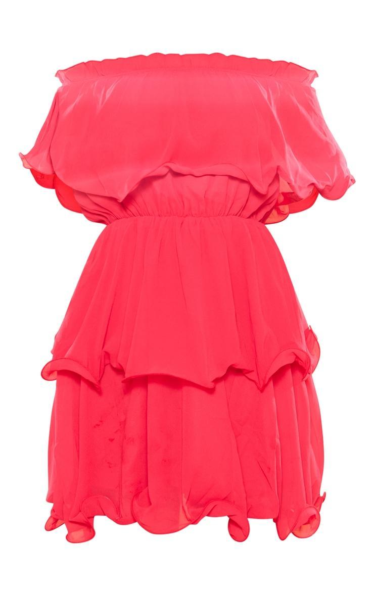 Red Chiffon Bardot Ruffle Tiered Dress Product Image