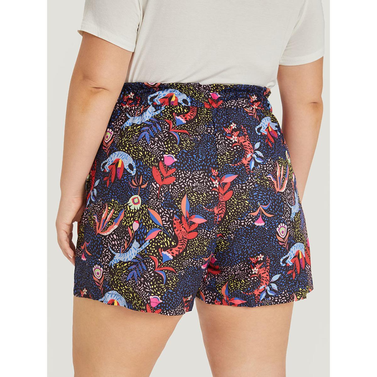 Plus Size Cat & Floral Print Paperbag Waist Belted Pocket Shorts Women Navy Casual Belted Dailywear Shorts BloomChic 26/4X Product Image