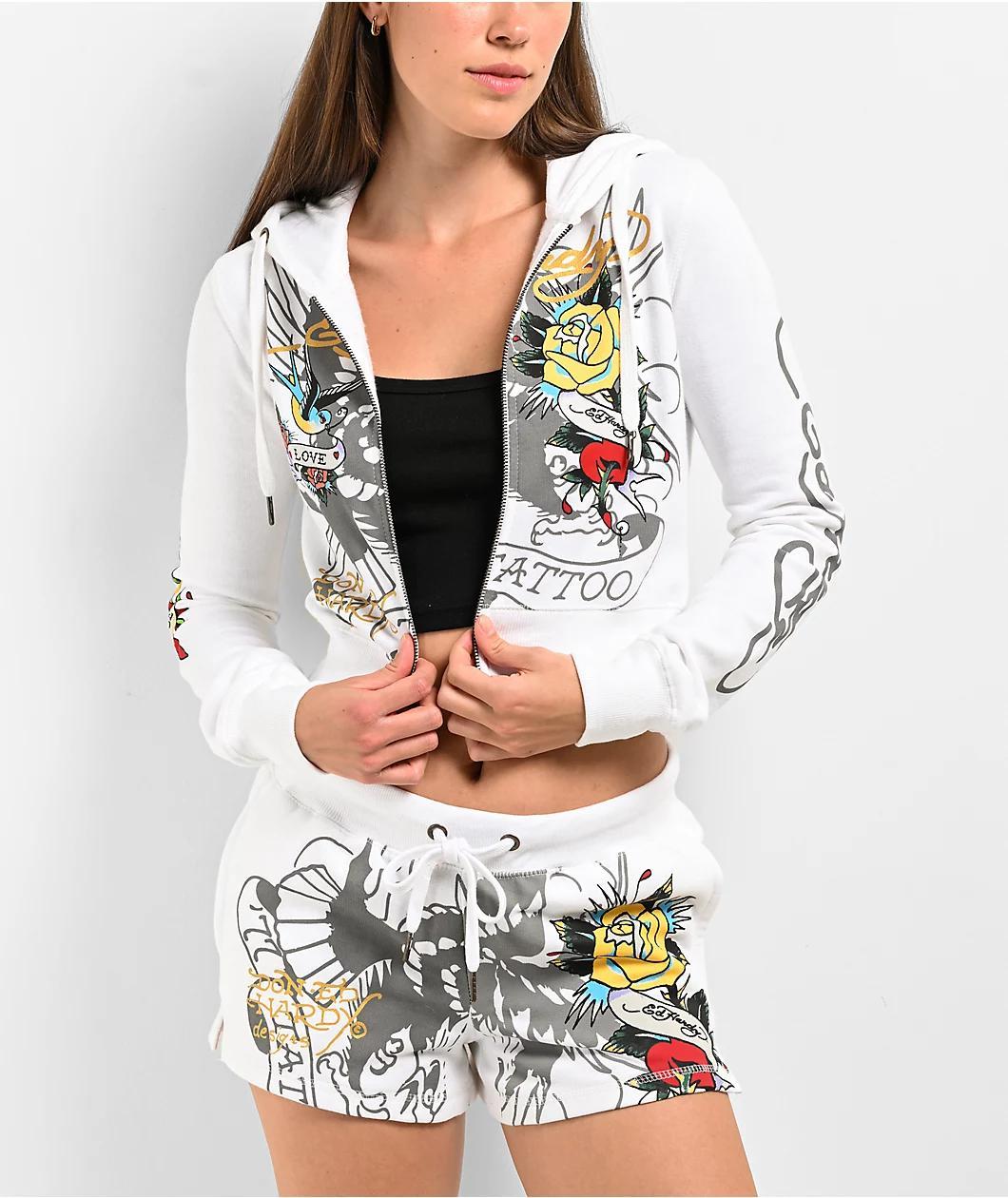 Ed Hardy Brave Eagle Y2K White Crop Zip Hoodie Product Image