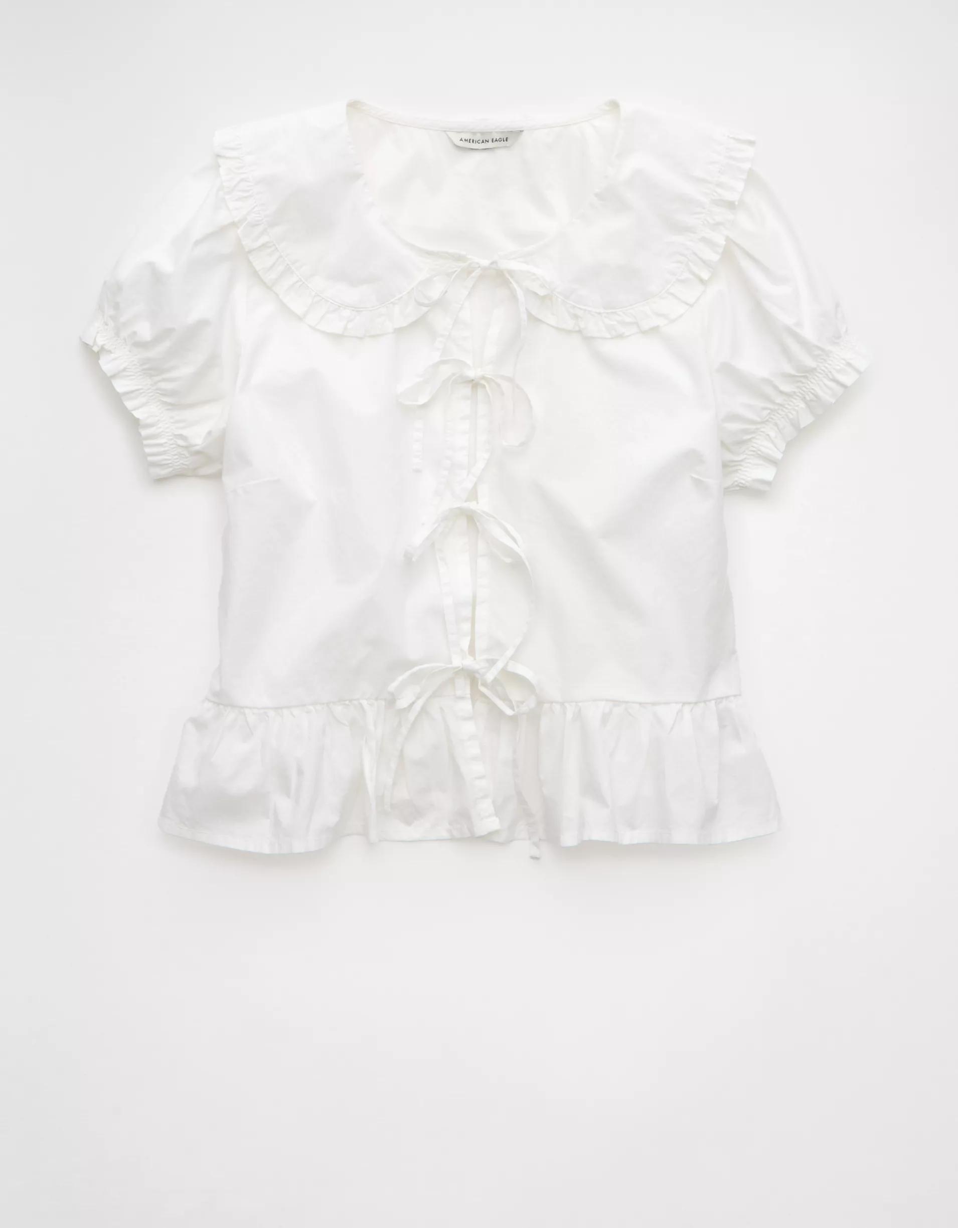 AE Collared Puff Sleeve Tie Front Blouse Product Image
