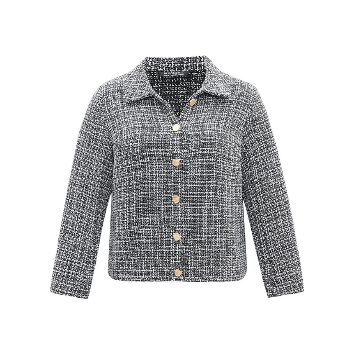 Plus Size Gingham Texture Lapel Collar Metal Detail Jacket Women Black Elegant Texture Ladies Everyday Winter Coats BloomChic 26/4X Product Image